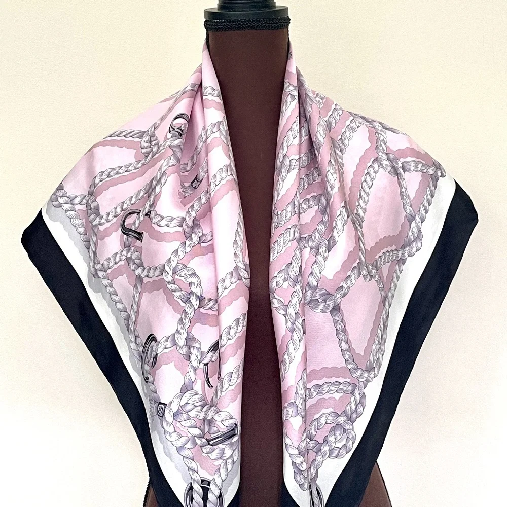 New Gucci Silk Scarf Pink Ropes Print Black Border Silk Wrap Scarf - Picture 15 of 15